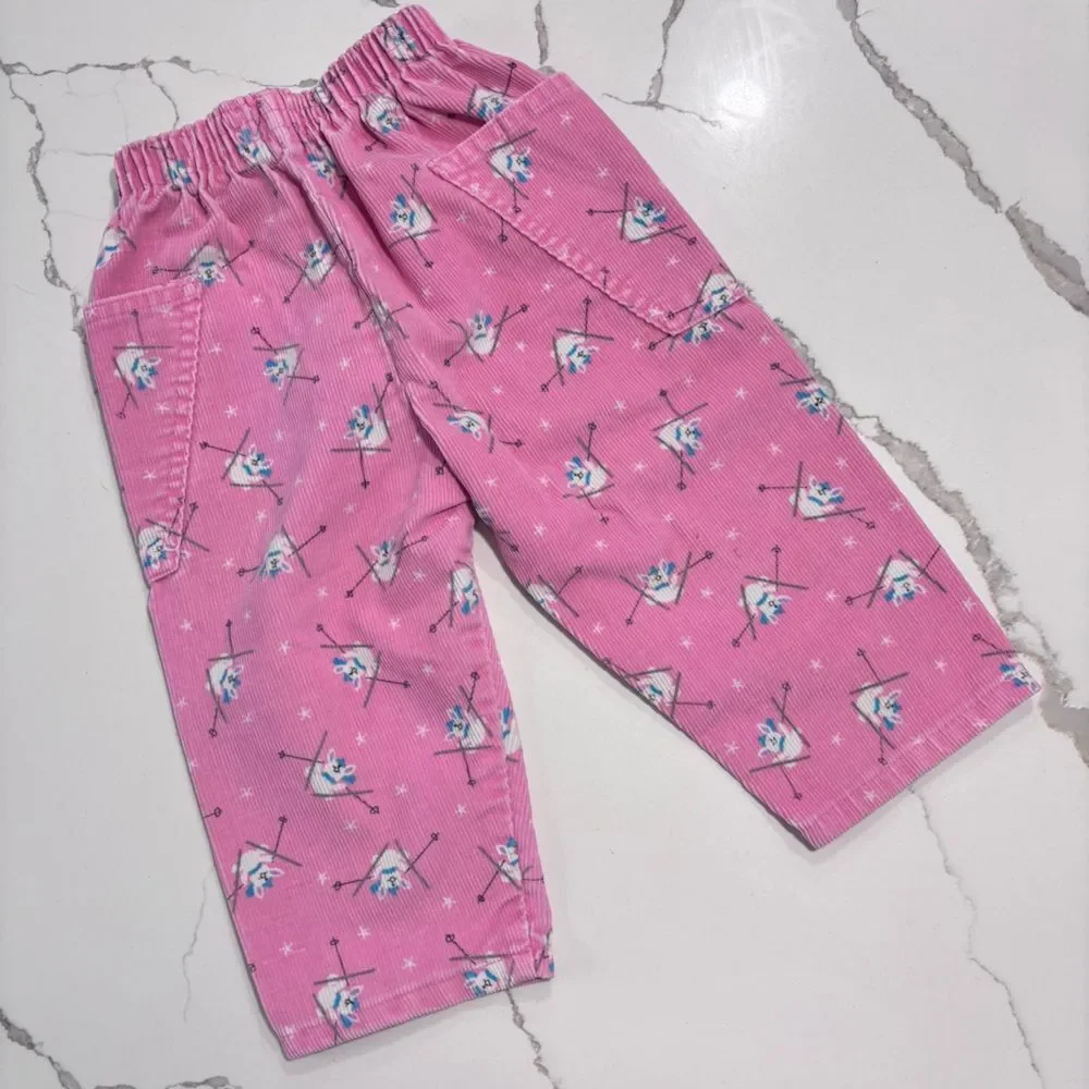 Vintage 1980s Union USA OshKosh Girl's Pink Corduroy Skiing Bunnies Size 18 Mos